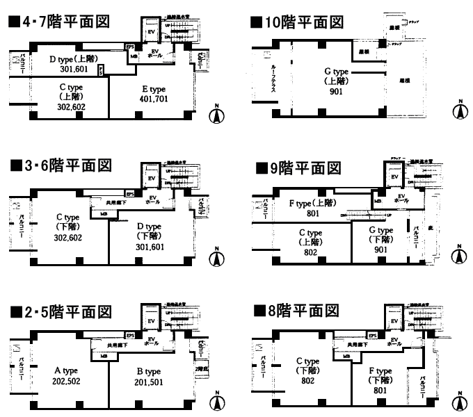 2階～10階　平面図