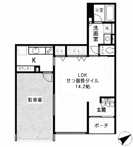 Aタイプ　1K+P　42.67ｍ2