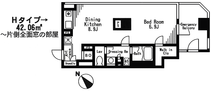 Hタイプ　1K　42.06ｍ2