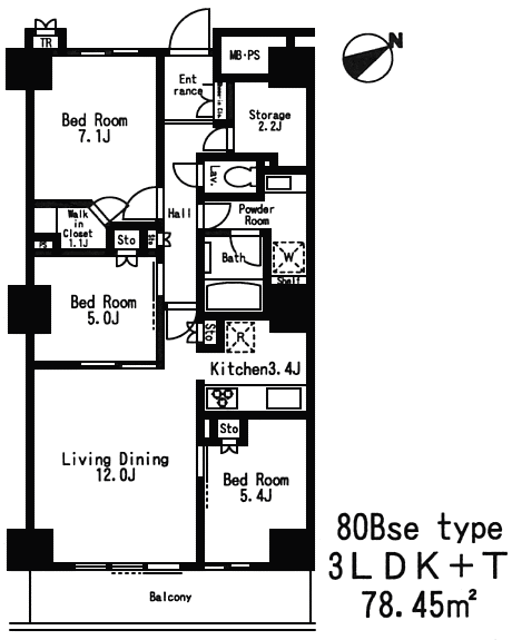 80Bseタイプ　3LDK+T　78.45ｍ2