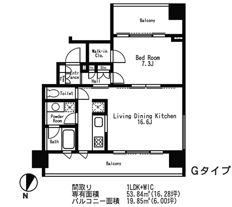 Gタイプ　1LDK+WIC　53.84ｍ2