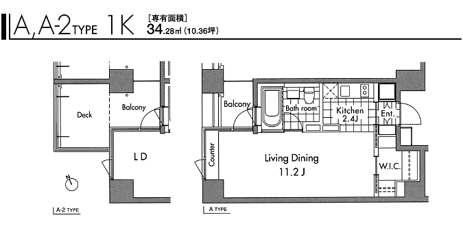 A,A-2タイプ　1K　34.28ｍ2