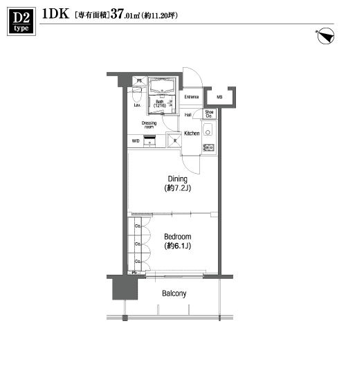 D2タイプ　1DK　37.01ｍ2