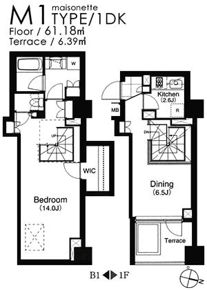 M1タイプ　1DK（メゾネット）　61.18ｍ2