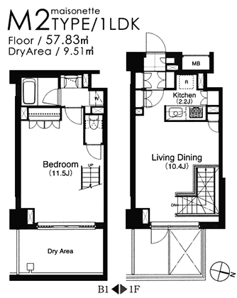M2タイプ　1LDK（メゾネット）　57.83ｍ2