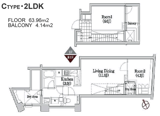 Bタイプ　2LDK（メゾネット）　63.83m2